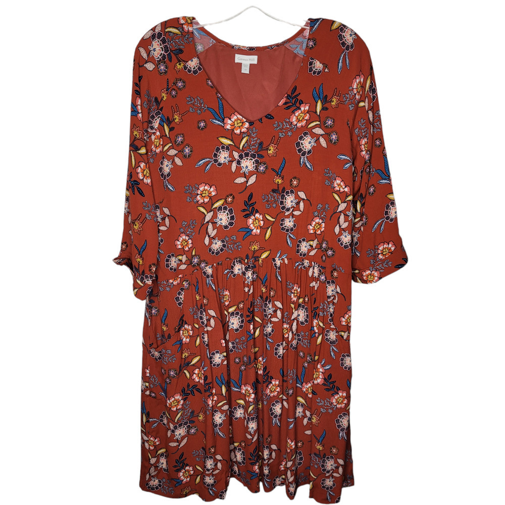 Garnet Hill Voile Floral shift Dress Pockets red Orange Sz 10 3/4 Sleeve v neck